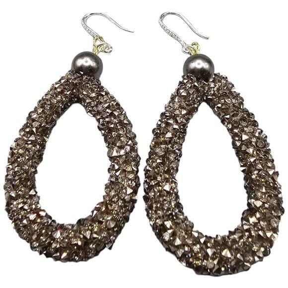 Rock Glittered Teardrop Earrings Pierced Dangle Artisan Style Sparkly Gray Color - Picture 1 of 6